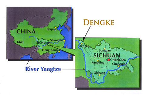 Map showing locoation of Dengke on the border between Tibet and Sichuan Province, China